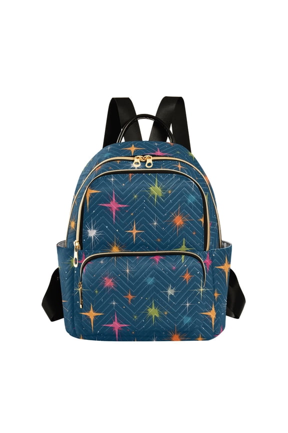 Women's Quilted Backpack Casual Knapsack Travel Daypack with Multiple Zipper Colorful Stars Pattern Small