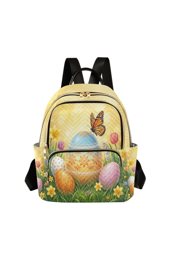 Women's Quilted Backpack Casual Knapsack Travel Daypack with Multiple Zipper Decorated Eggs and Flowers