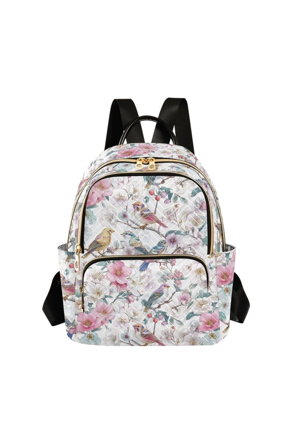 Women's Quilted Backpack Casual Knapsack Travel Daypack with Multiple Zipper Flowers and Birds Pattern Small