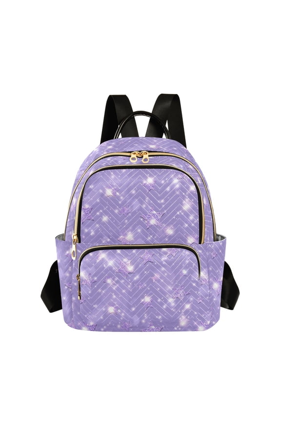 Women's Quilted Backpack Casual Knapsack Travel Daypack with Multiple Zipper Lavender Glitter Stars Pattern Medium