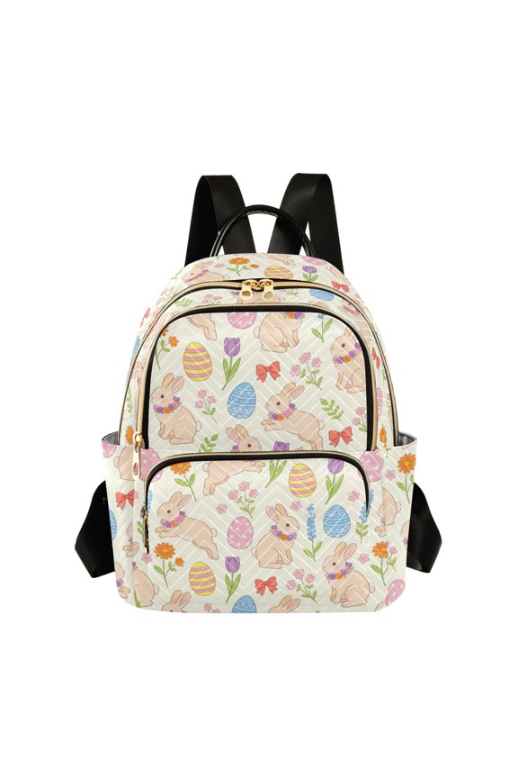 Women's Quilted Backpack Casual Knapsack Travel Daypack with Multiple Zipper Light Peach Rabbit Pattern Small