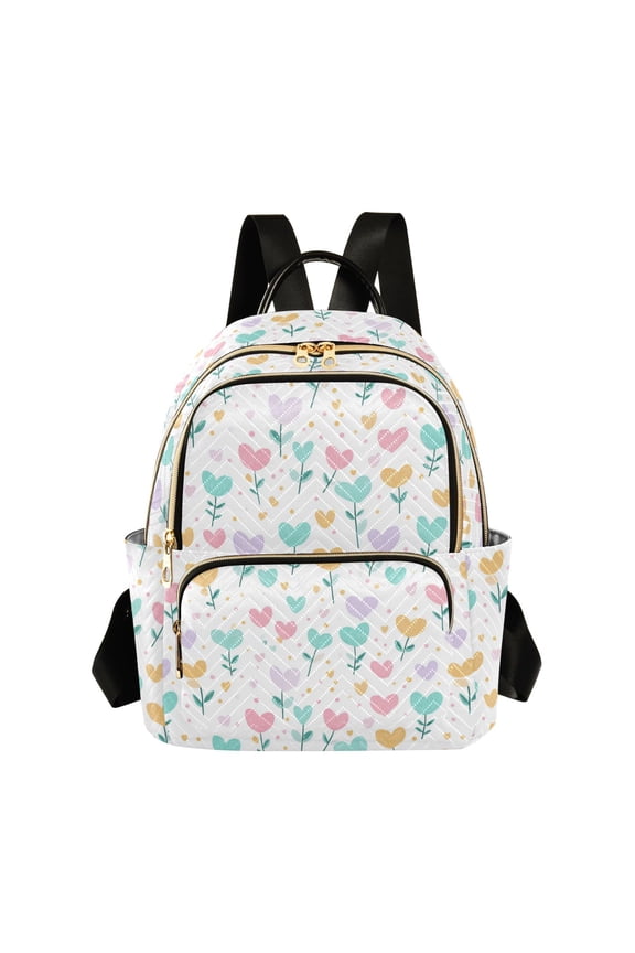 Women's Quilted Backpack Casual Knapsack Travel Daypack with Multiple Zipper Pastel Spring Hearts Pattern Small