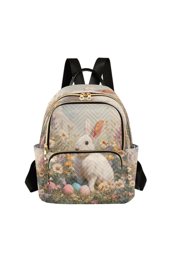 Women's Quilted Backpack Casual Knapsack Travel Daypack with Multiple Zipper Rabbit with Flowers Pattern