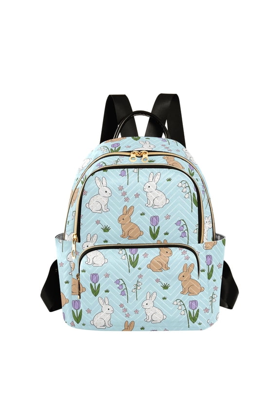 Women's Quilted Backpack Casual Knapsack Travel Daypack with Multiple Zipper Rabbits and Tulips Pattern Medium