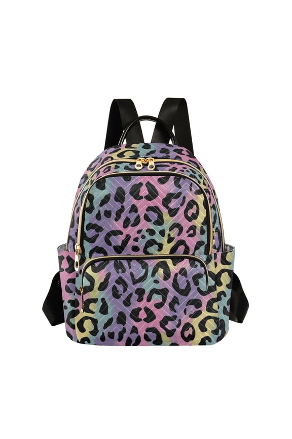 Women's Quilted Backpack Casual Knapsack Travel Daypack with Multiple Zipper Rainbow Colors Leopard Print Small
