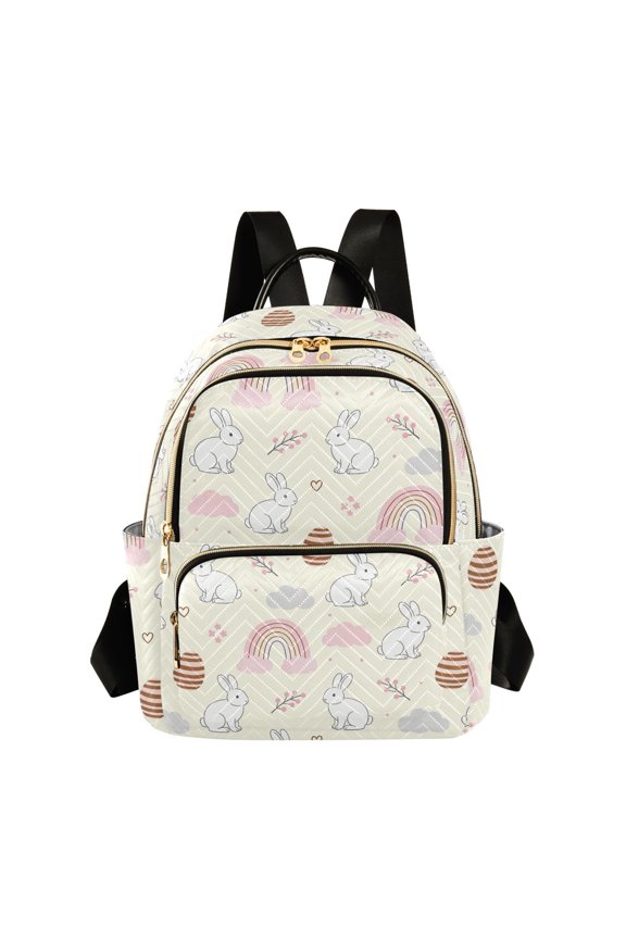 Women's Quilted Backpack Casual Knapsack Travel Daypack with Multiple Zipper Rainbow and Rabbit Pattern Small