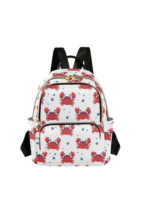 Women's Quilted Backpack Casual Knapsack Travel Daypack with Multiple Zipper Red Crabs Pattern Medium
