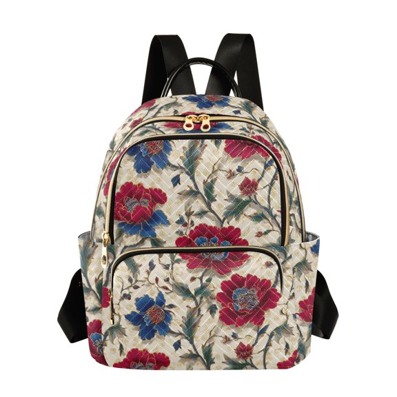 Women's Quilted Backpack Casual Knapsack Travel Daypack with Multiple Zipper Red and Indigo Blue Flowers Small