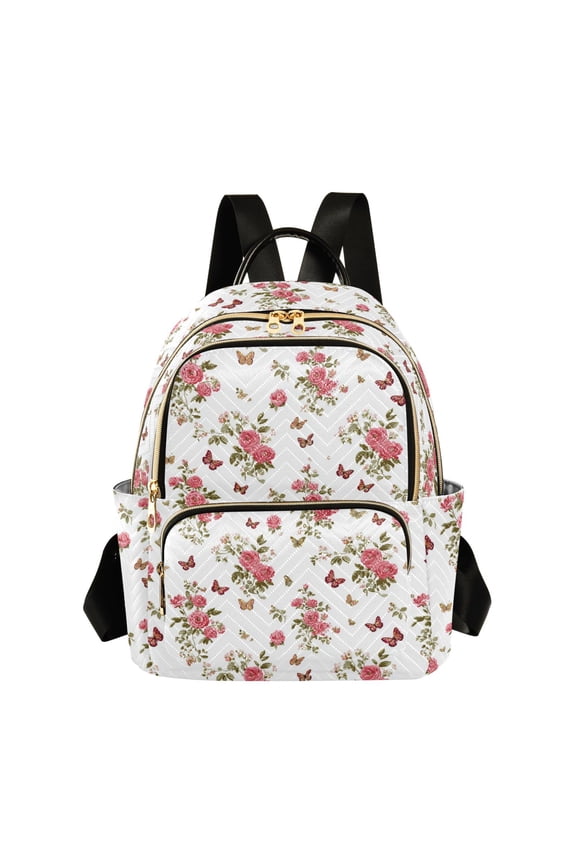 Women's Quilted Backpack Casual Knapsack Travel Daypack with Multiple Zipper Small Butterfly and Rose Pattern Small