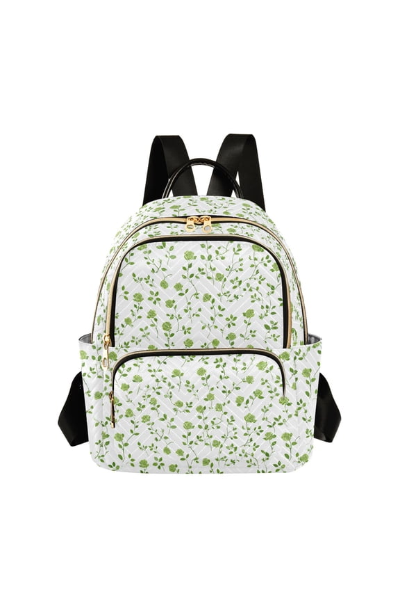 Women's Quilted Backpack Casual Knapsack Travel Daypack with Multiple Zipper Small Green Rose Pattern Small