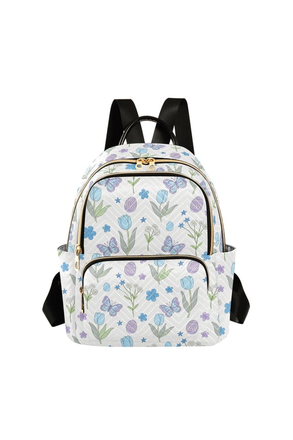 Women's Quilted Backpack Casual Knapsack Travel Daypack with Multiple Zipper Spring Plants and Easter Egg Small