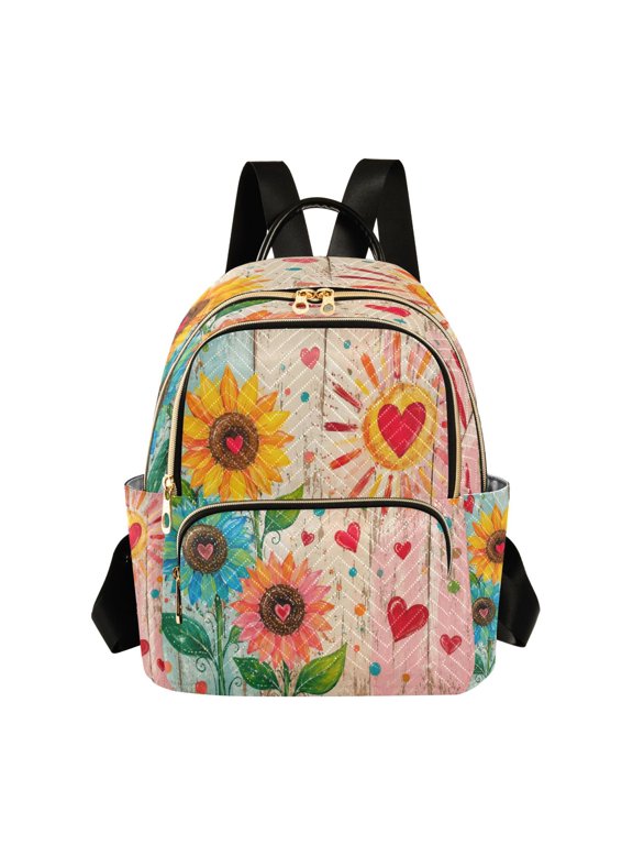 Women's Quilted Backpack Casual Knapsack Travel Daypack with Multiple Zipper Sunflower and Heart Print Small