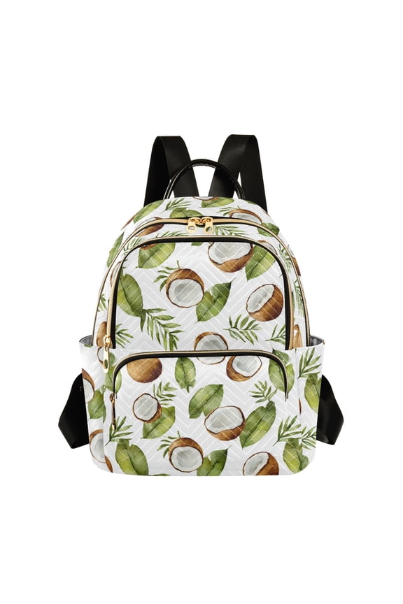 Women's Quilted Backpack Casual Knapsack Travel Daypack with Multiple Zipper Watercolor Coconuts Pattern Small