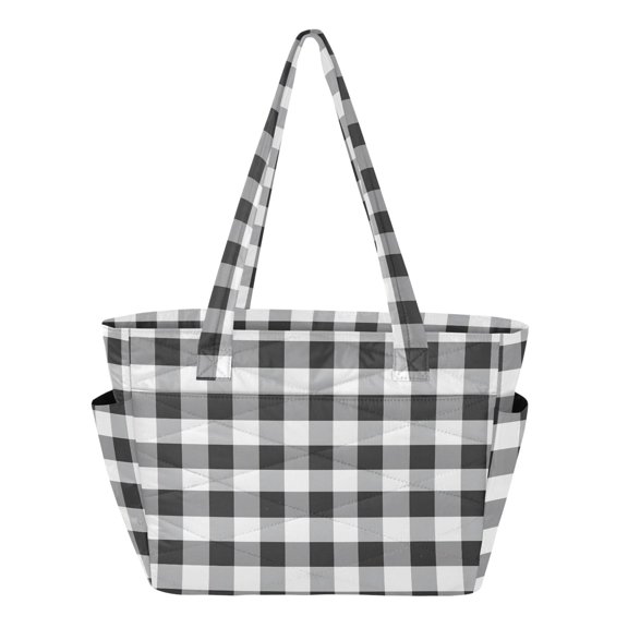 Women's Quilted Black White Grey Plaid Pattern Tote Bag with Zipper Large Polyester Shoulder Bag with Laptop & Luggage Sleeve Cute Printed for Work School Travel