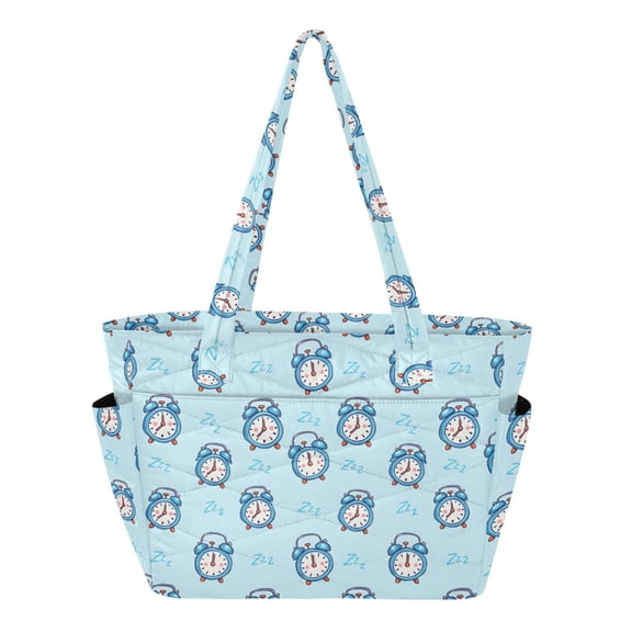 Women's Quilted Blue Background Alarm Clock Tote Bag with Zipper Large Polyester Shoulder Bag with Laptop & Luggage Sleeve Cute Printed for Work School Travel