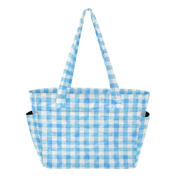 Women's Quilted Blue Gingham Tote Bag with Zipper Large Polyester Shoulder Bag with Laptop & Luggage Sleeve Cute Printed for Work School Travel