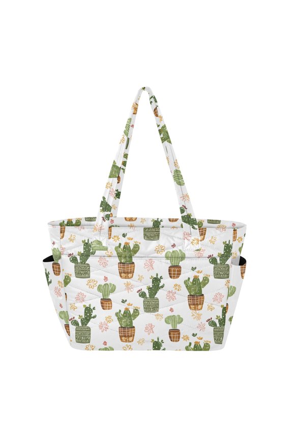 Women's Quilted Cactus Tote Bag with Zipper Large Polyester Shoulder Bag with Laptop & Luggage Sleeve Cute Printed for Work School Travel