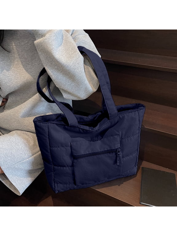 Women's Quilted Canvas Large Capacity Lightweight Tote Bag Navy Blue for Work Travel Shopping Everyday Shoulder Tote Fits Laptop 15.6" Zipper Pocket