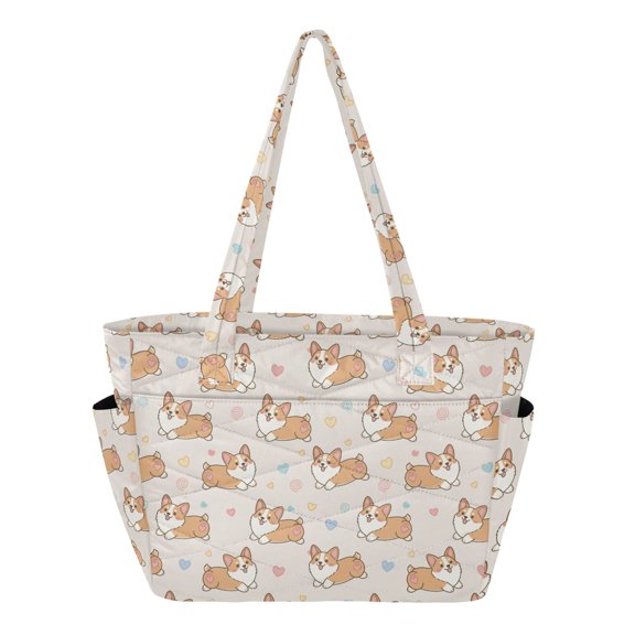 Women's Quilted Cargi Pattern Tote Bag with Zipper Large Polyester Shoulder Bag with Laptop & Luggage Sleeve Cute Printed for Work School Travel