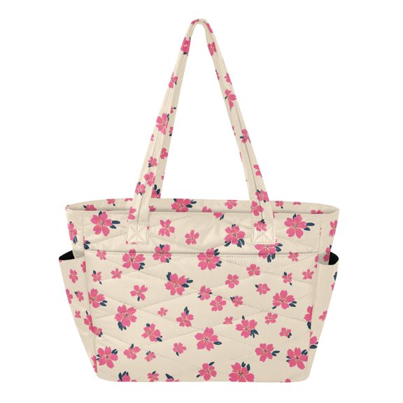 Women's Quilted Cherry Blossom Light Orange Tote Bag with Zipper Large Polyester Shoulder Bag with Laptop & Luggage Sleeve Cute Printed for Work School Travel