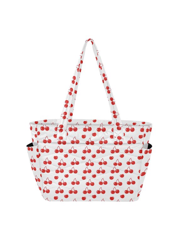 Women's Quilted Cherry Tote Bag with Zipper Large Polyester Shoulder Bag with Laptop & Luggage Sleeve Cute Printed for Work School Travel