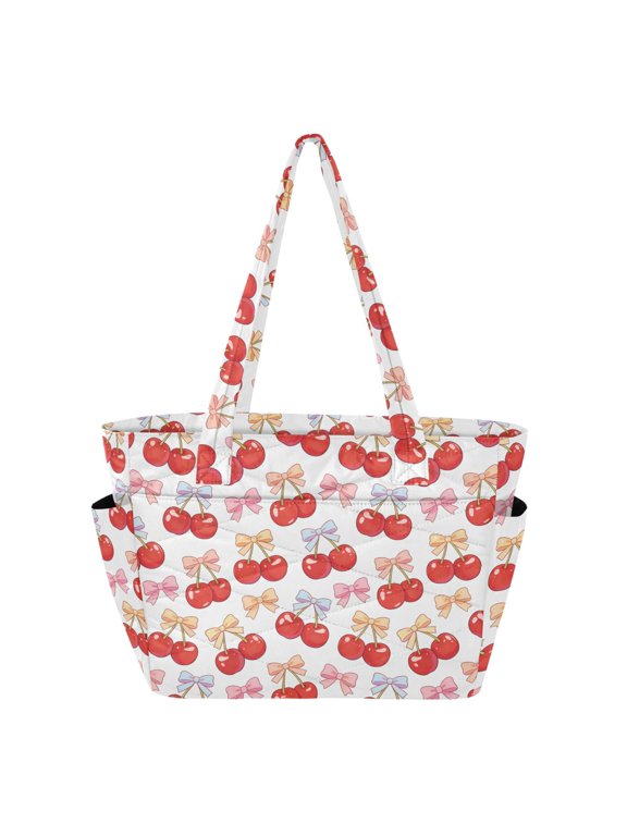 Women's Quilted Cherry Tote Bag with Zipper Large Polyester Shoulder Bag with Laptop & Luggage Sleeve Cute Printed for Work School Travel