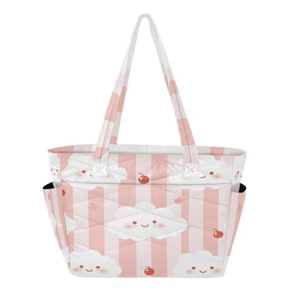 Women's Quilted Cloud Cherry Cute Pattern Tote Bag with Zipper Large Polyester Shoulder Bag with Laptop & Luggage Sleeve Cute Printed for Work School Travel