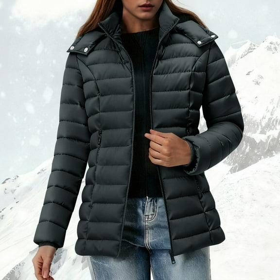 Women's Quilted Coat Lightweight Waterproof Warm Thicken Fleece Lined with Detachable Hood Windproof Winter Padded Jacket Zip Pockets Black XXL