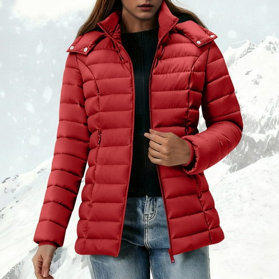 Women's Quilted Coat Lightweight Waterproof Warm Thicken Fleece Lined with Detachable Hood Windproof Winter Padded Jacket Zip Pockets L