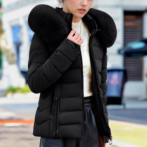 Women's Quilted Coat with Detachable Fuzzy Hood Winter Jacket Warm Thicken Padded Zip up Outwear Jackets Black XL