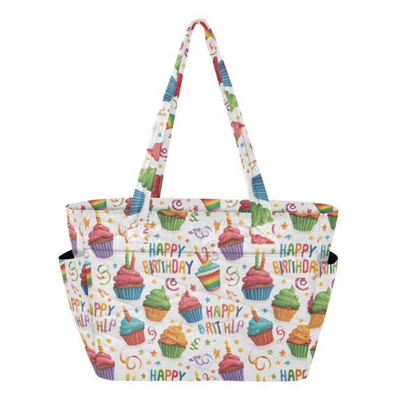 Women's Quilted Colorful Birthday Cupcakes Tote Bag with Zipper Large Polyester Shoulder Bag with Laptop & Luggage Sleeve Cute Printed for Work School Travel