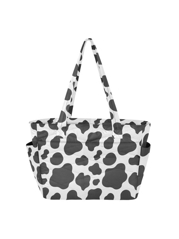 Women's Quilted Cow Texture Black and White Tote Bag with Zipper Large Polyester Shoulder Bag with Laptop & Luggage Sleeve Cute Printed for Work School Travel