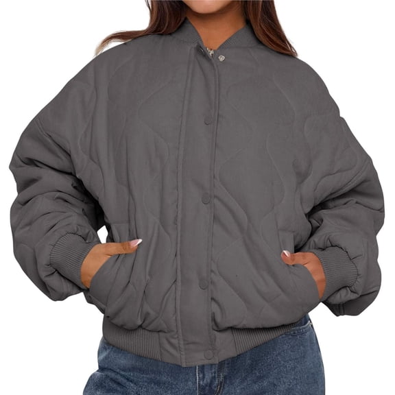 Women's Quilted Cropped Puffer Bombers Jacket with Zip Up Pockets Fall Winter Fashion Gray XXL