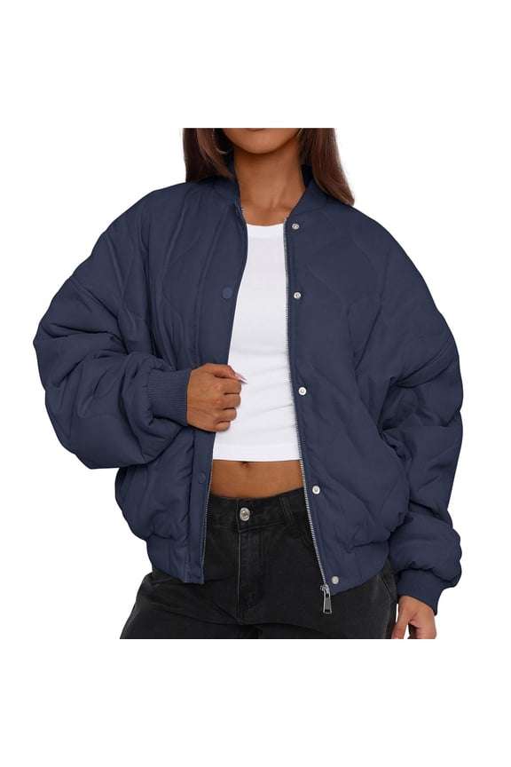 Women's Quilted Cropped Puffer Bombers Jacket with Zip Up Pockets Fall Winter Fashion Navy Blue XXL