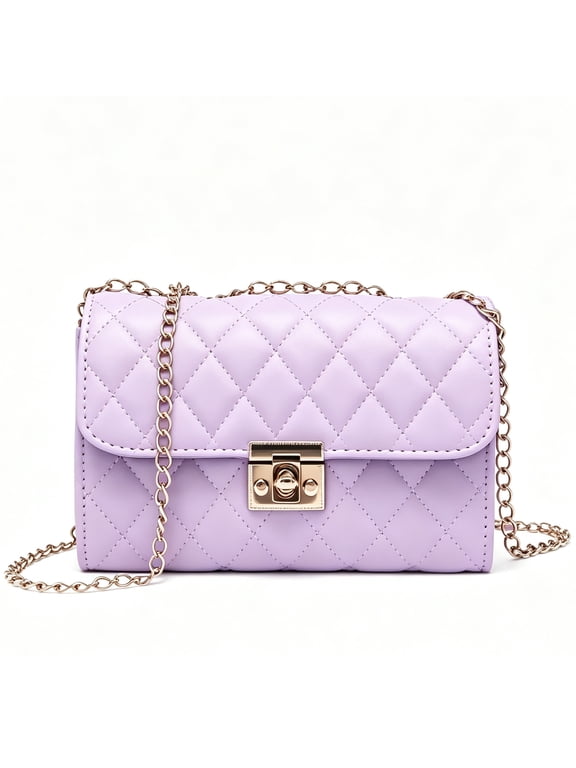 Women's Crossbody Chain Strap Small Flap Mini Quilted Satin Messenger Shoulder Bag, Purple