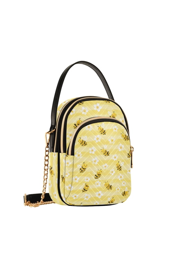 Women's Quilted Crossbody Bag Small Shoulder Tote Purse with 3 Zipper Pockets Cartoon Bees and White Flowers