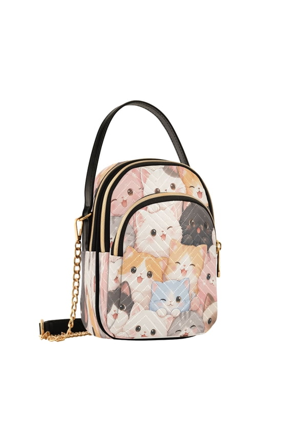 Women's Quilted Crossbody Bag Small Shoulder Tote Purse with 3 Zipper Pockets Cute Cat Patterns