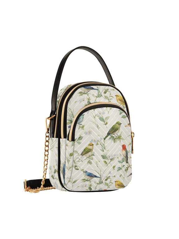 Women's Quilted Crossbody Bag Small Shoulder Tote Purse with 3 Zipper Pockets Watercolor Birds Pattern