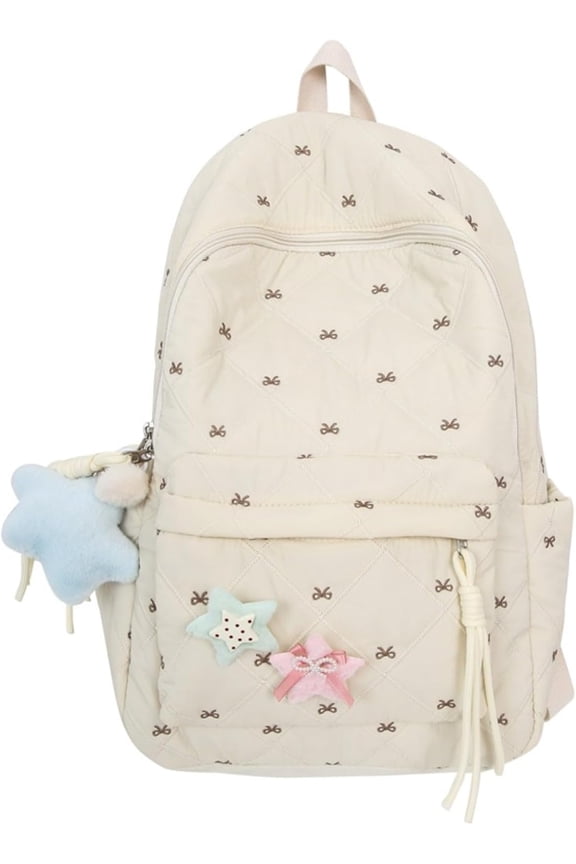 Women's Quilted Cute Aesthetic Backpack Bow Print Lightweight Puffer Laptop Book Bag for College Travel Daypack (Black)