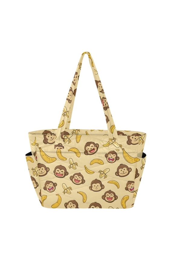 Women's Quilted Cute Monkey Tote Bag with Zipper Large Polyester Shoulder Bag with Laptop & Luggage Sleeve Cute Printed for Work School Travel