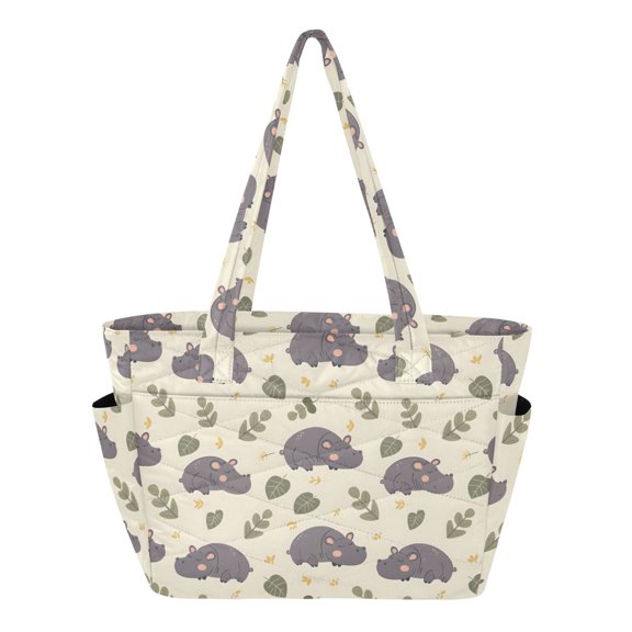 Women's Quilted Cute Sleepy Hippo Vector Pattern in Flat Style Tote Bag with Zipper Large Polyester Shoulder Bag with Laptop & Luggage Sleeve Cute Printed for Work School Travel