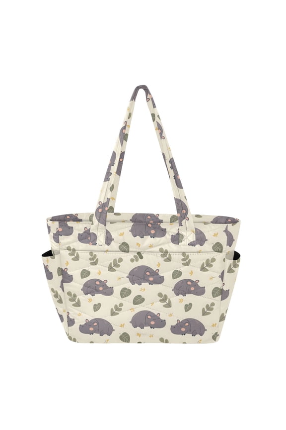 Women's Quilted Cute Sleepy Hippo Vector Pattern in Flat Style Tote Bag with Zipper Large Polyester Shoulder Bag with Laptop & Luggage Sleeve Cute Printed for Work School Travel