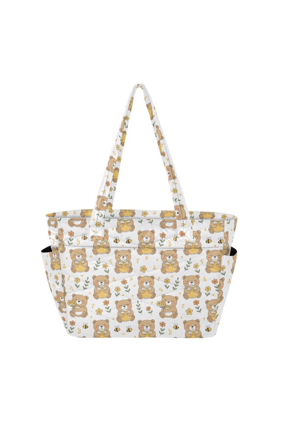 Women's Quilted Cute Teddy Bear Flower Tote Bag with Zipper Large Polyester Shoulder Bag with Laptop & Luggage Sleeve Cute Printed for Work School Travel