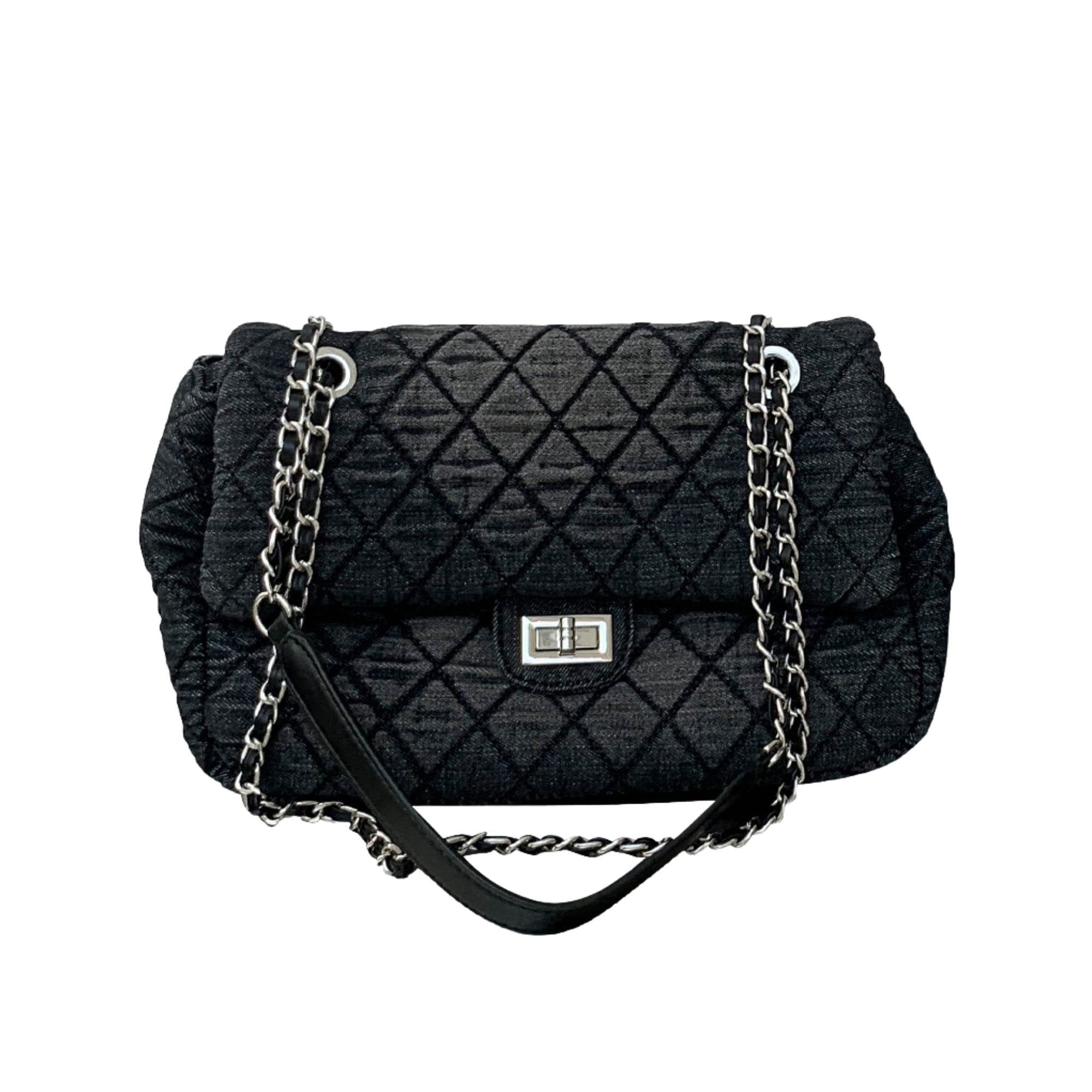 Women's Quilted Denim Hobo Bag with Chain Strap, Y2K Vintage Crossbody Purse, Black Jean Shoulder Tote with Turn-Lock Closure