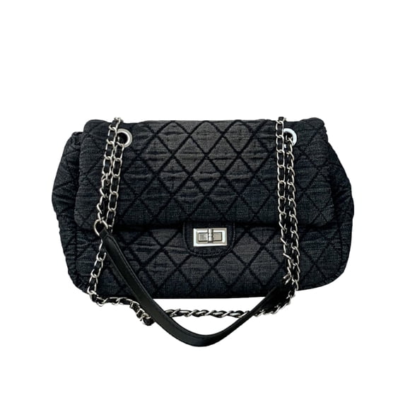 Women's Quilted Denim Hobo Bag with Chain Strap, Y2K Vintage Crossbody Purse, Black Jean Shoulder Tote with Turn-Lock Closure