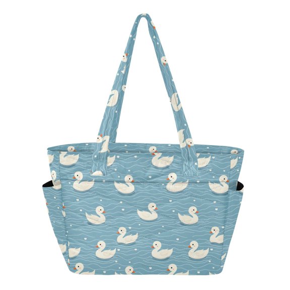 Women's Quilted Duck Blue Wave Tote Bag with Zipper Large Polyester Shoulder Bag with Laptop & Luggage Sleeve Cute Printed for Work School Travel