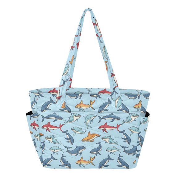Women's Quilted Fish Tote Bag with Zipper Large Polyester Shoulder Bag with Laptop & Luggage Sleeve Cute Printed for Work School Travel
