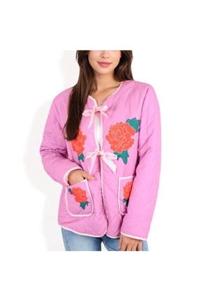 Women's Quilted Floral Embroidered Jacket with Bow Tie Front and Patch Pockets - Small, Pink