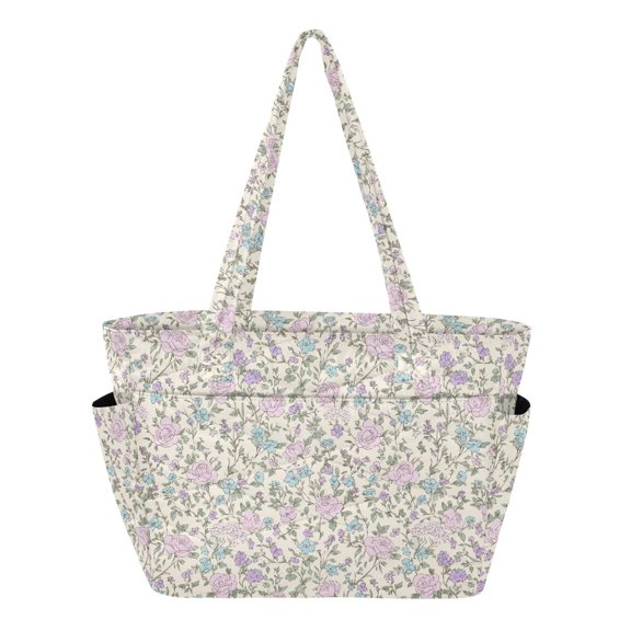 Women's Quilted Floral Pattern Tote Bag with Zipper Large Polyester Shoulder Bag with Laptop & Luggage Sleeve Cute Printed for Work School Travel