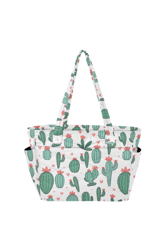 Women's Quilted Green Flower Cactus Tote Bag with Zipper Large Polyester Shoulder Bag with Laptop & Luggage Sleeve Cute Printed for Work School Travel